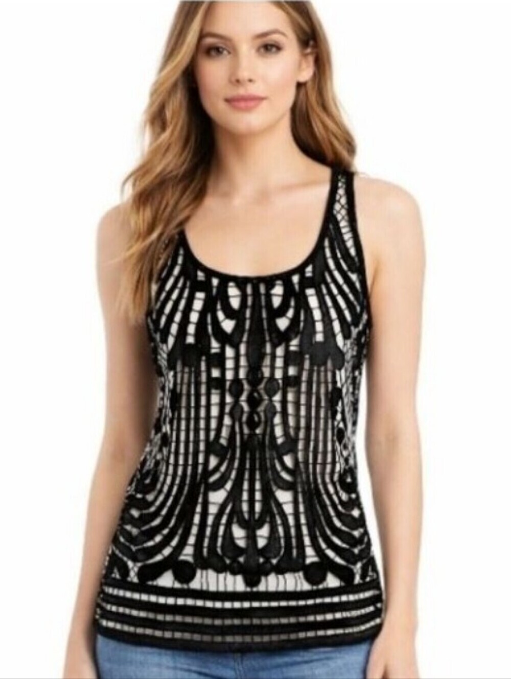 Express Black Metallic Glitter Crochet Lace Layered Tank Top